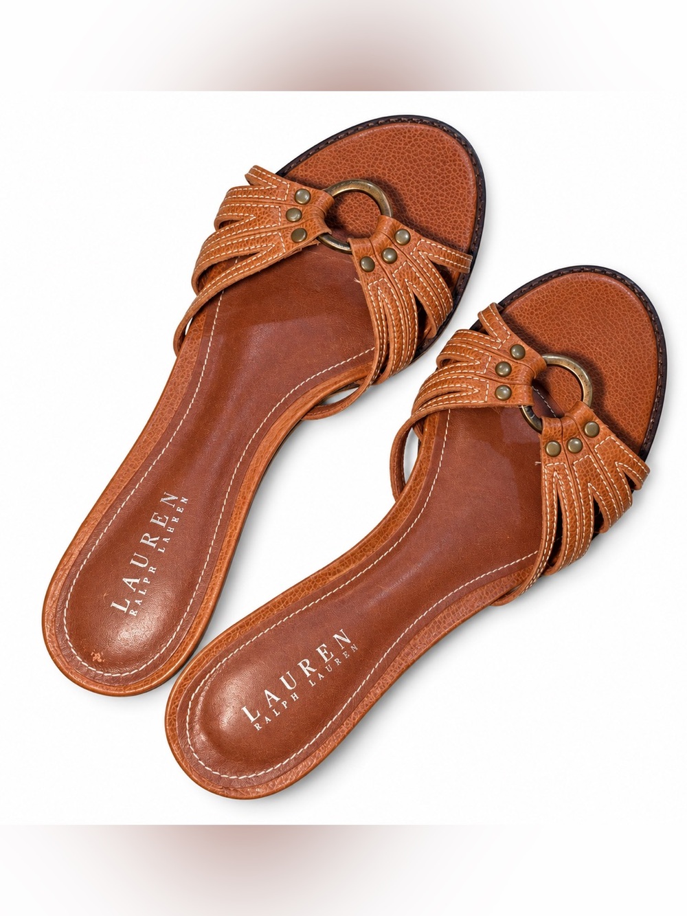 Lauren Ralph Lauren Cognac Sandals Leather 8.5B Quiet Luxury Old Money Nuetral